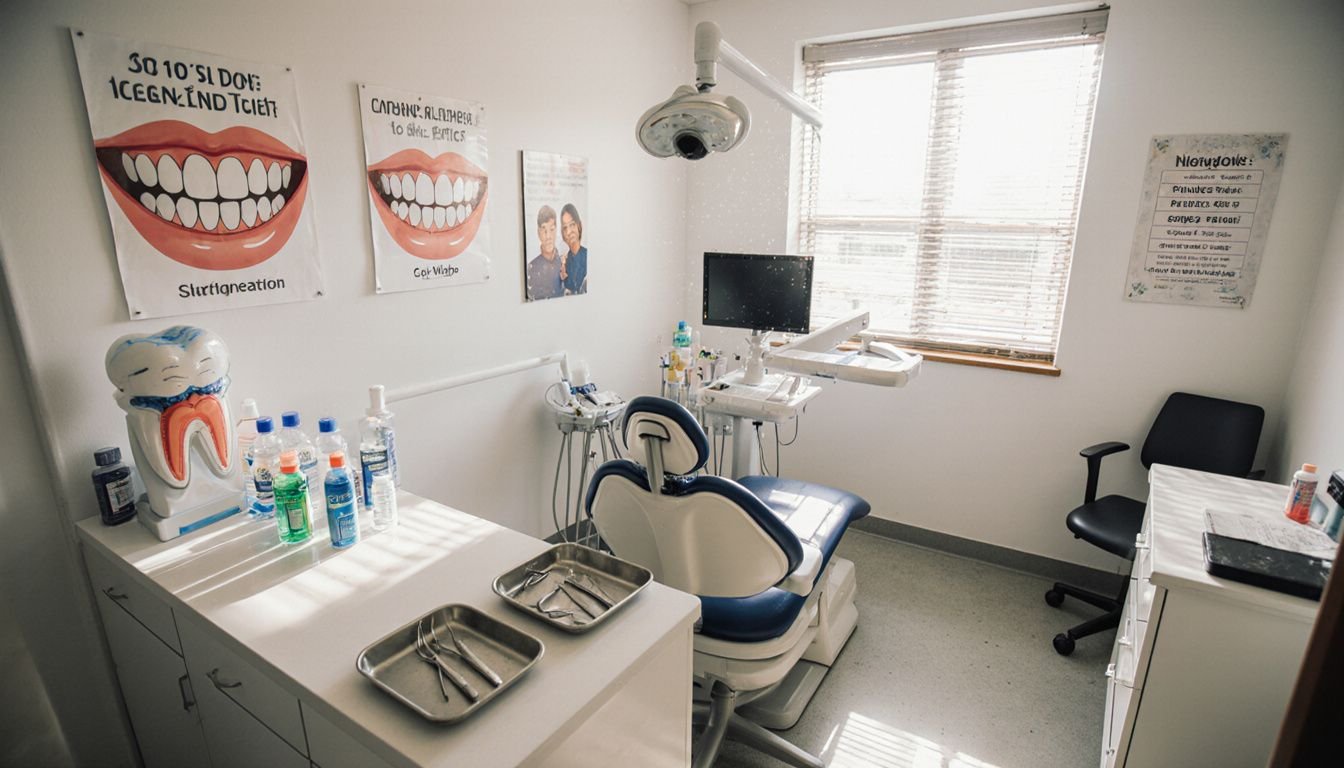 A dental office with tools, models, and casual staff in view. A dental office with tools, models, and casual staff in view.
