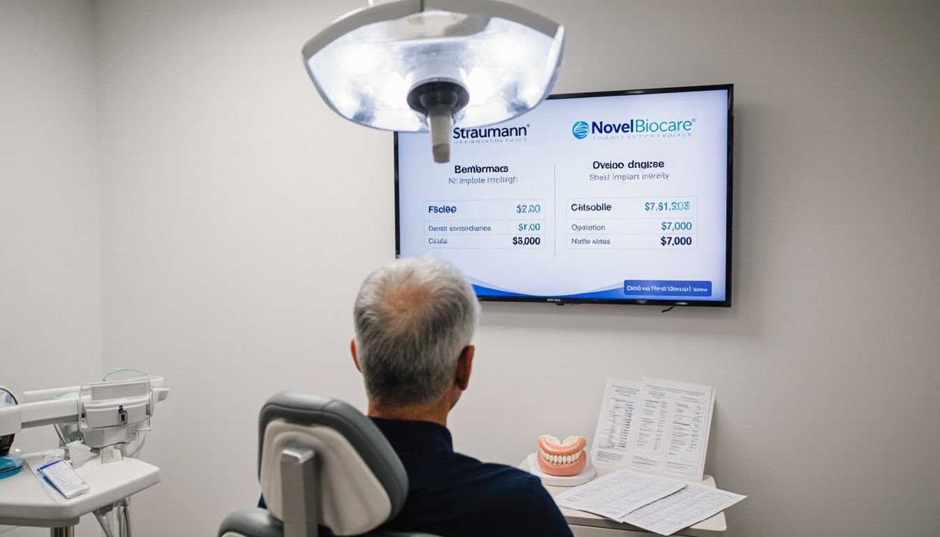 A middle-aged person looks uncertain in a dental clinic chair.