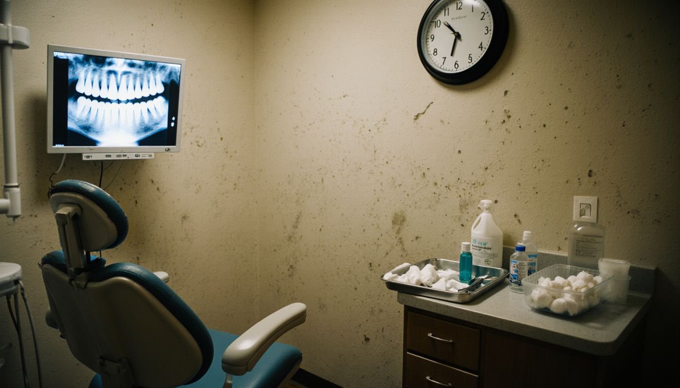 A worn dental office after hours, filled with used instruments and care.
