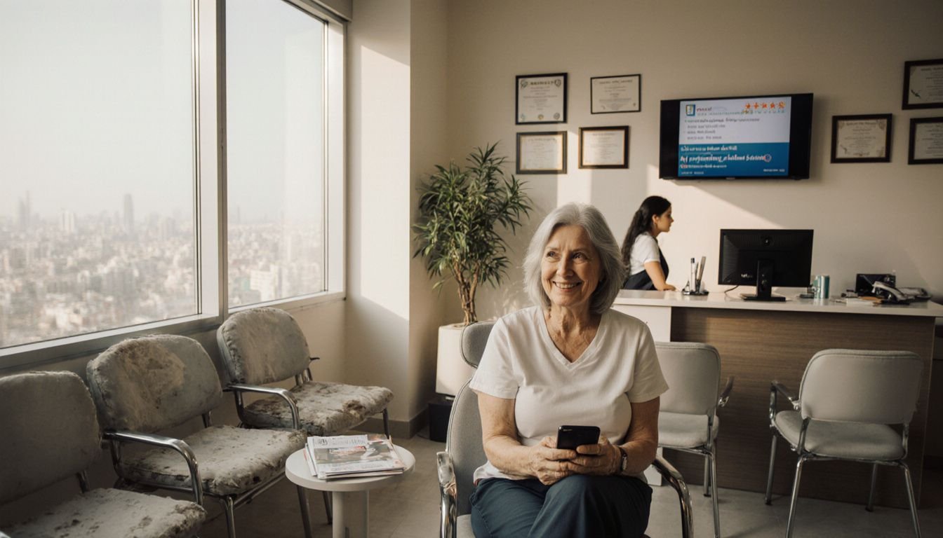 A woman waits casually in a dental clinic in Dubai. A woman waits casually in a dental clinic in Dubai.
