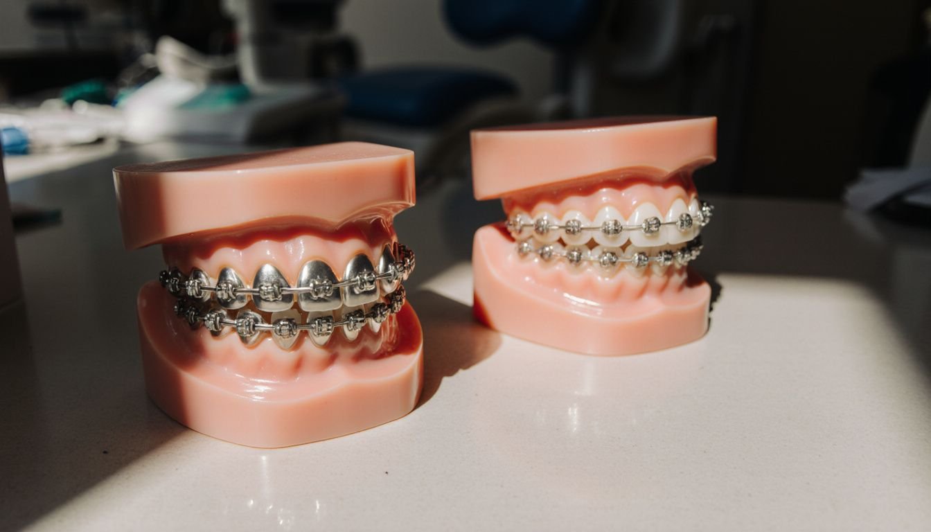 Dental models showcase traditional braces and clear aligners side by side.