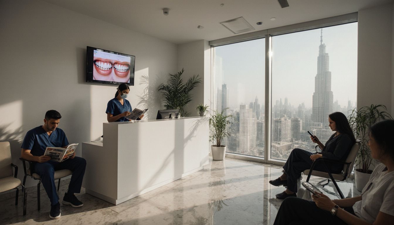 A dental clinic waiting room with patients and a receptionist. A dental clinic waiting room with patients and a receptionist.
