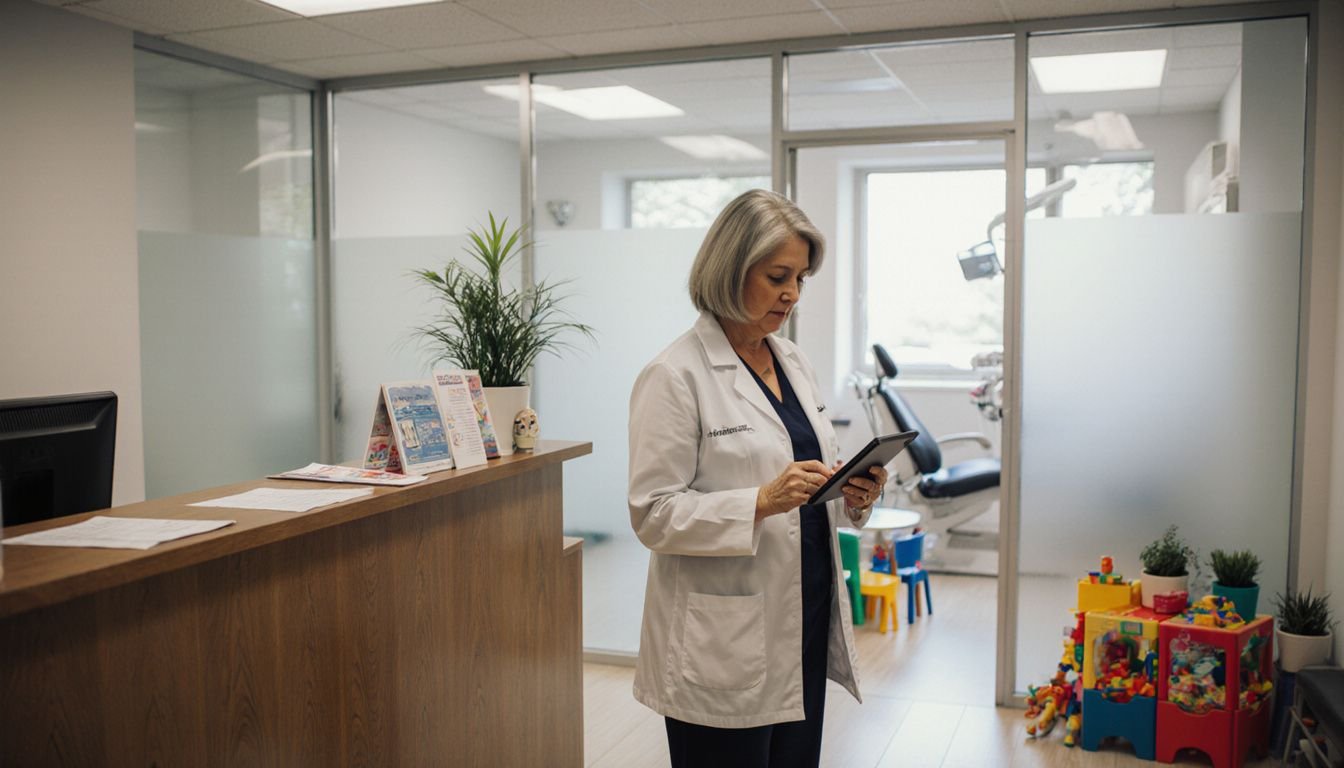 A woman in a dental clinic checks her tablet at the reception.
