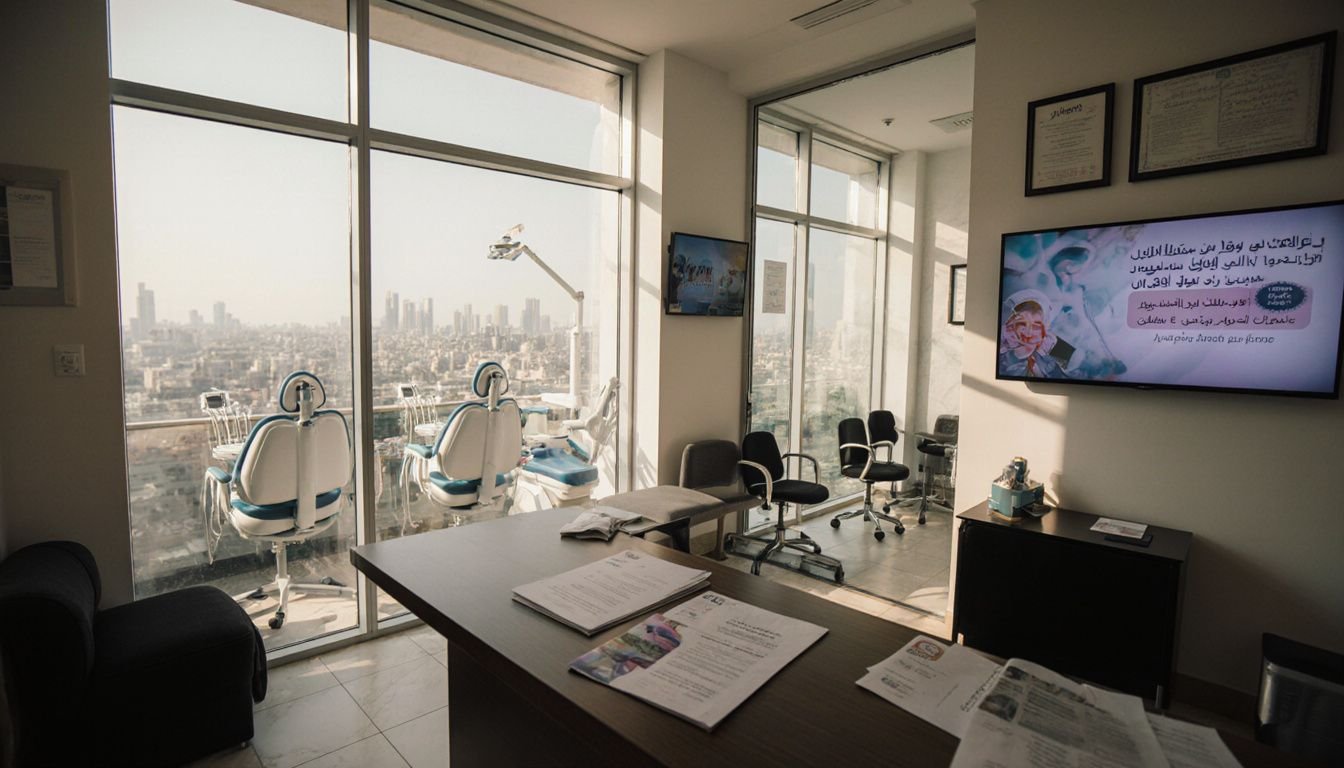 A typical dental clinic waiting area with reception and treatment information. A typical dental clinic waiting area with reception and treatment information.