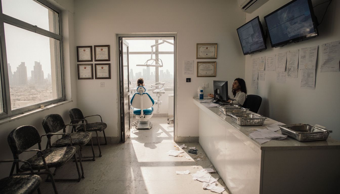 A dental clinic reception area with treatment room visible. A dental clinic reception area with treatment room visible.