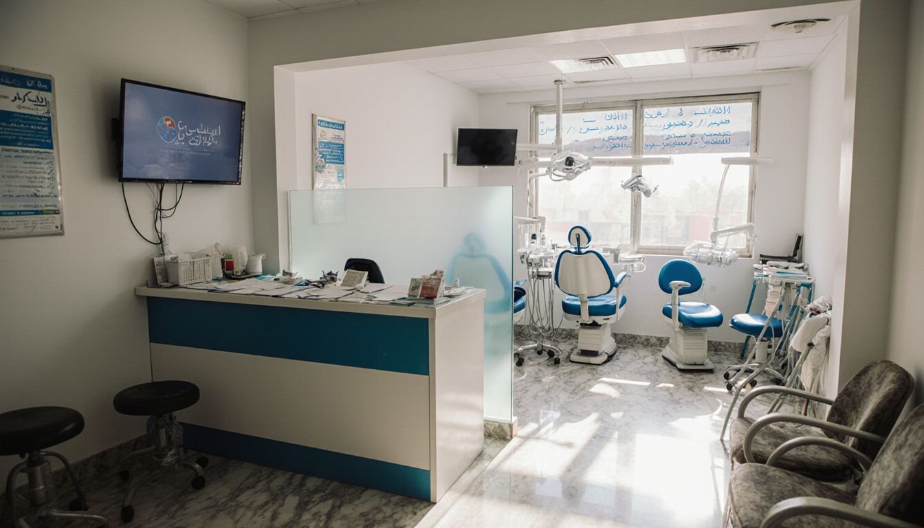 A dental clinic waiting room in Abu Dhabi with scattered equipment.