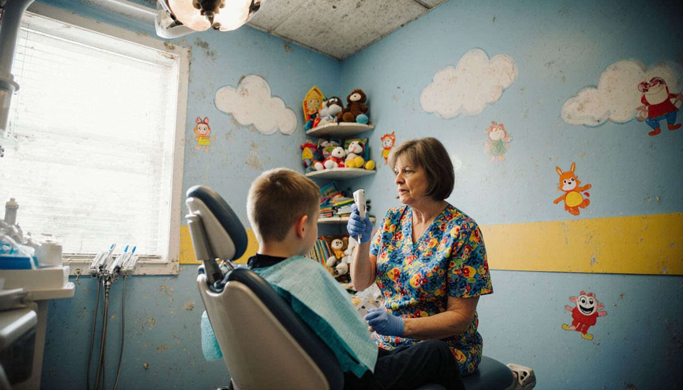 A caring dental professional comforts a nervous child in a clinic.