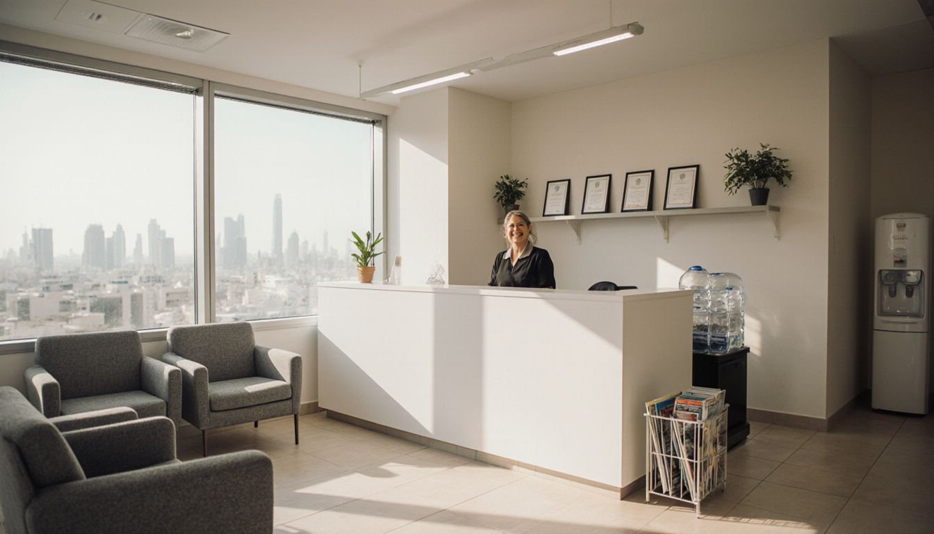 A welcoming dental clinic front desk with a friendly receptionist. A welcoming dental clinic front desk with a friendly receptionist.