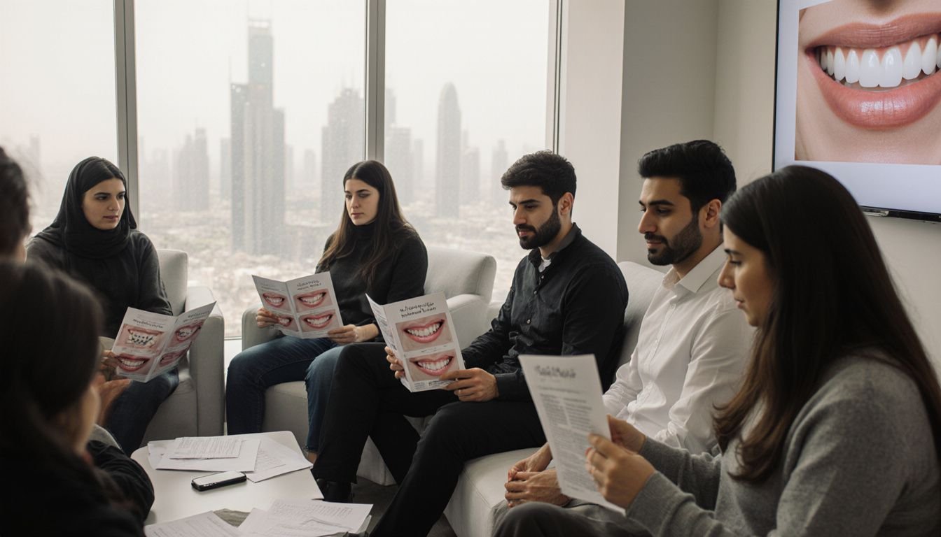 People in a dental clinic waiting area, reviewing veneer pamphlets.