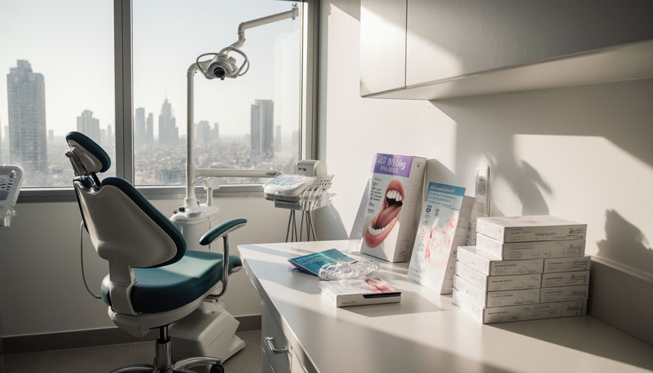 A typical dental clinic in Dubai with whitening equipment and brochures.