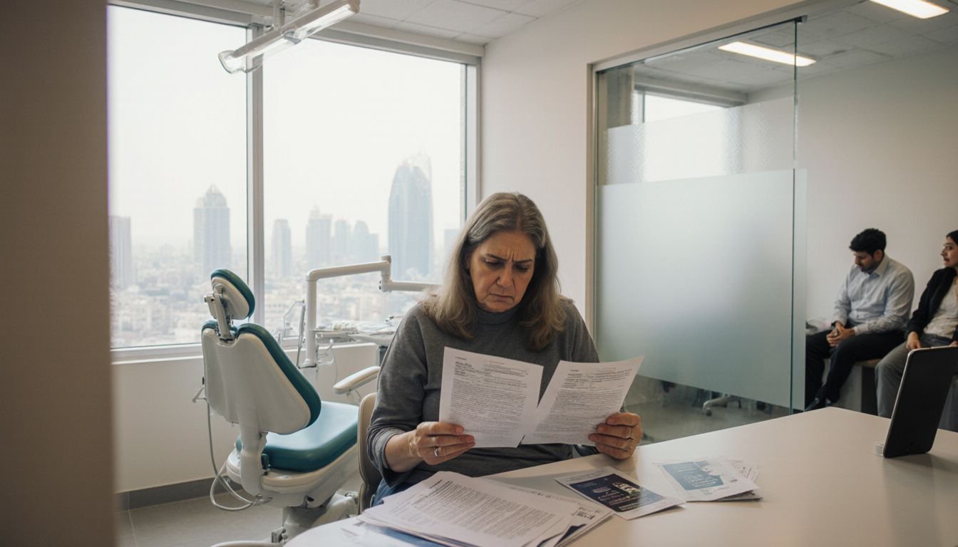 A woman reviews insurance papers anxiously in a dental clinic. A woman reviews insurance papers anxiously in a dental clinic.