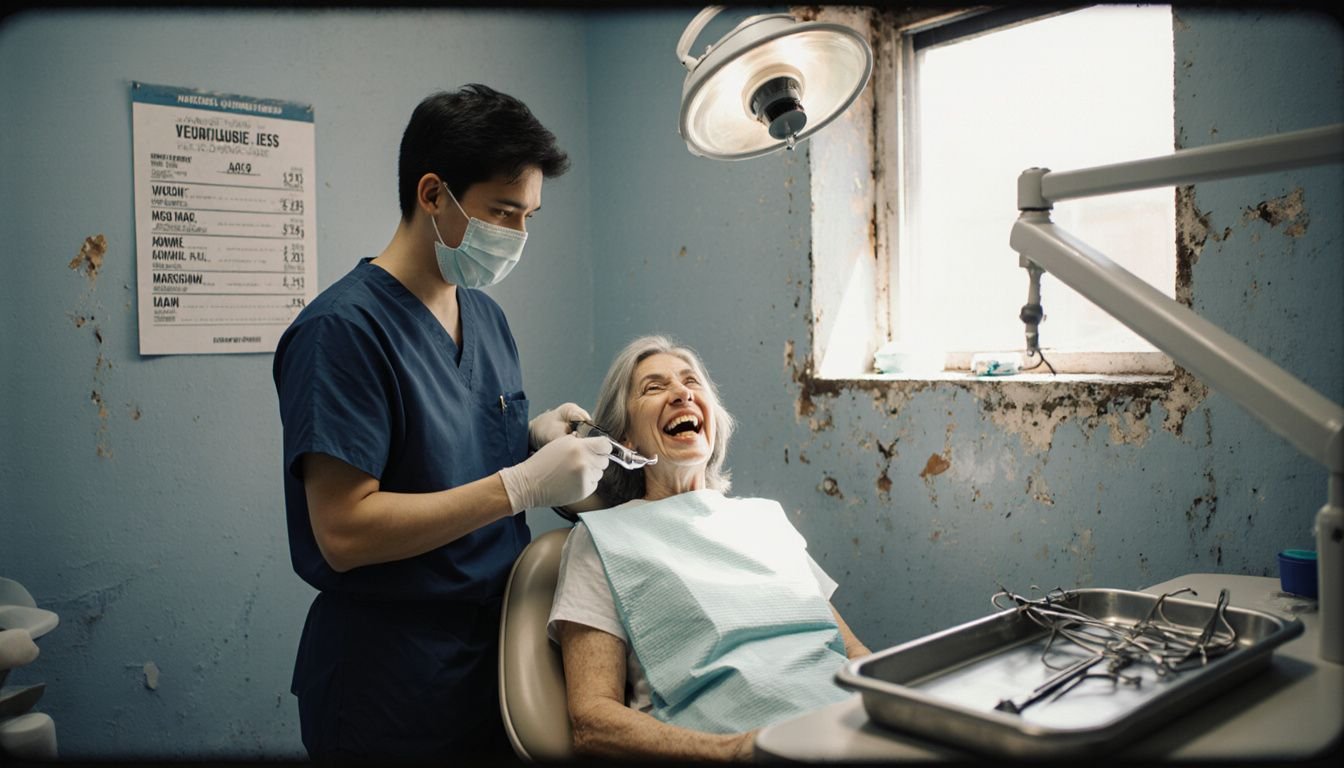 A woman smiles in a dental chair with her dentist nearby.