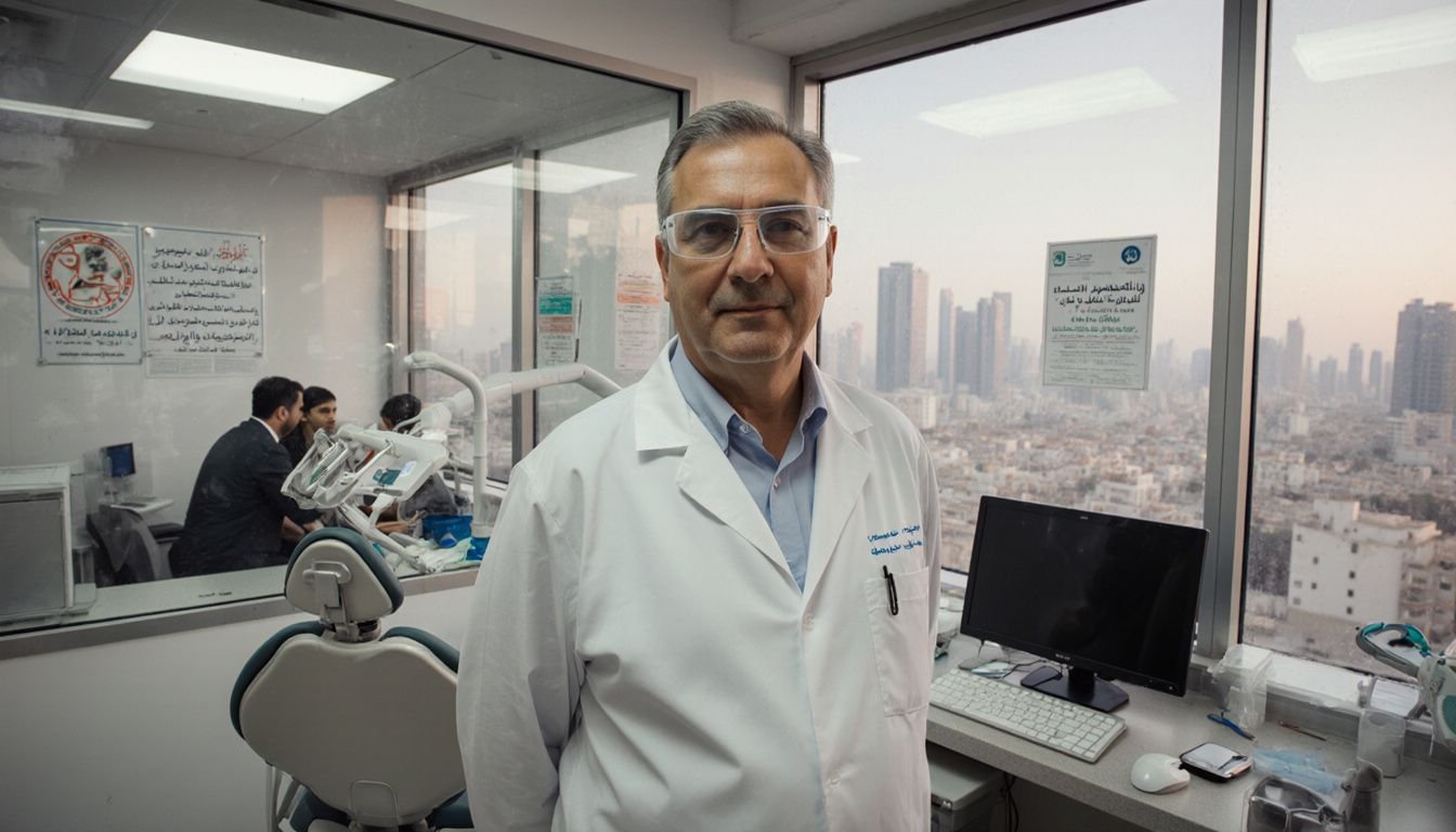 A dentist stands in a Dubai clinic with dental equipment nearby. A dentist stands in a Dubai clinic with dental equipment nearby.