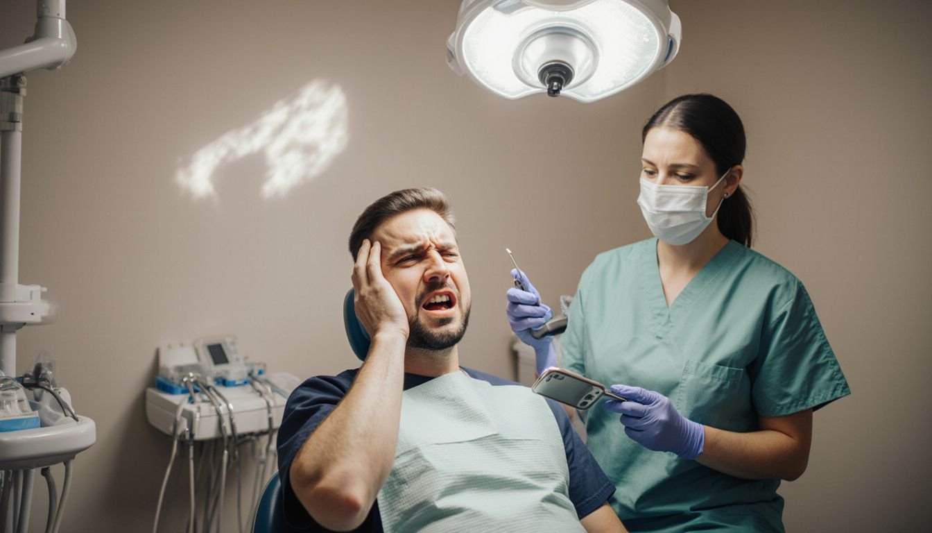 Patient shows discomfort during dental appointment with dentist nearby. Patient shows discomfort during dental appointment with dentist nearby.